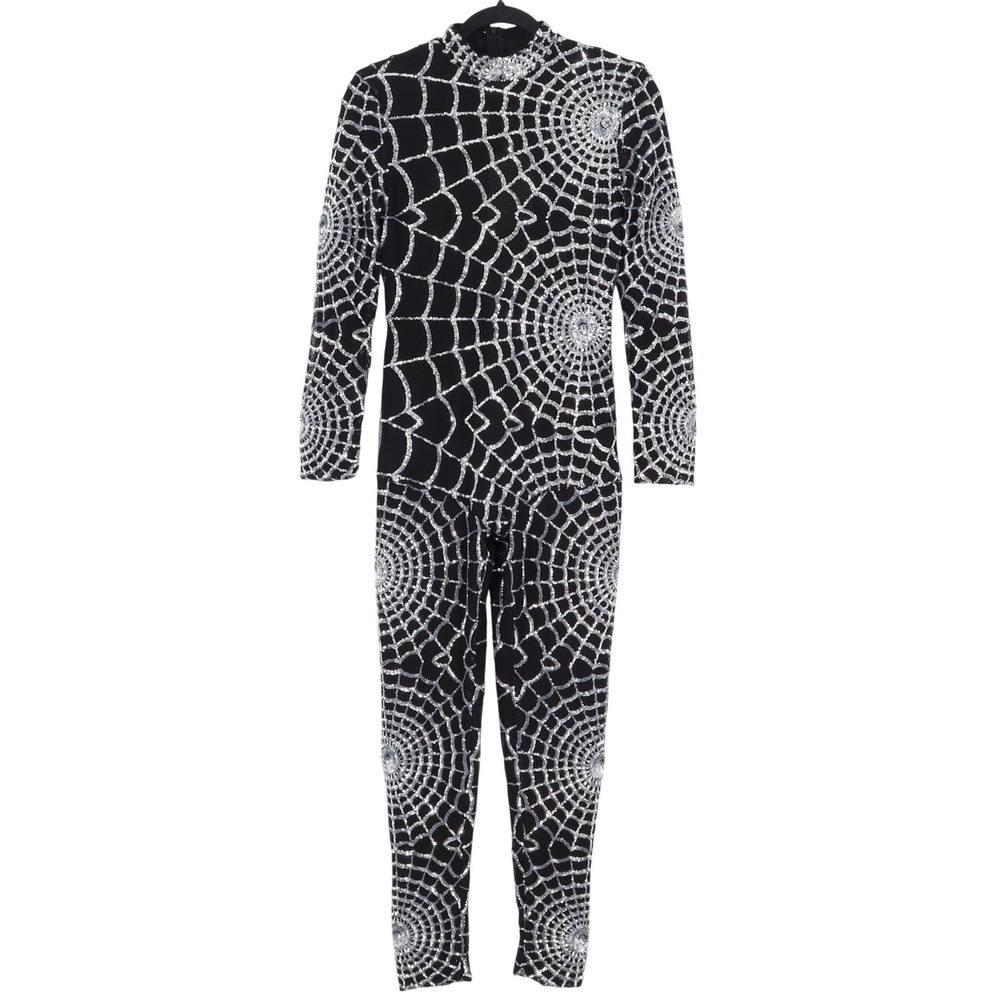 Mew Mews Teah Long Sleeve Cobweb Jumpsuit Size S Black Sequin Spider Web Catsuit